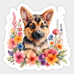 A german shepherd decorated with beautiful watercolor flowers Sticker